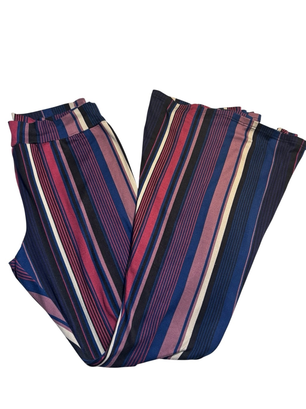 Got Style Pants L/XL Wide Leg Striped Blue Burgundy Mauve & Cream Stretchy Y2K